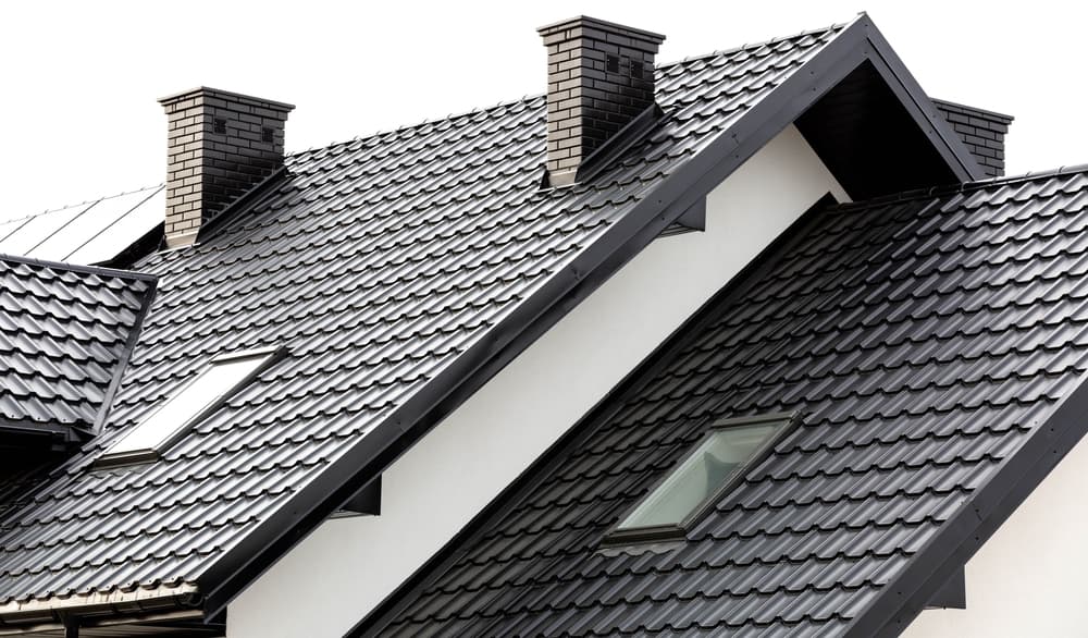 Roof Of A New Home. Ceramic Chimney, Metal Roof Tiles